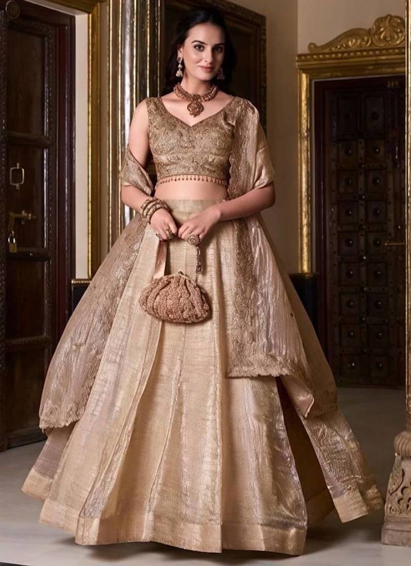 Cream Gold Crush Silk Zari Sequnce Embroidery Work Lehenga Choli For women's