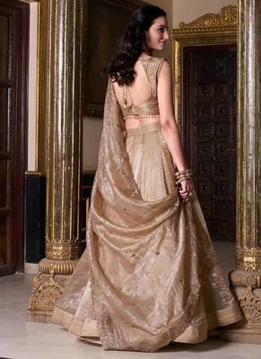 Cream Gold Crush silk blend Zari Sequnce Embroidery Work Lehenga Choli For women's 2