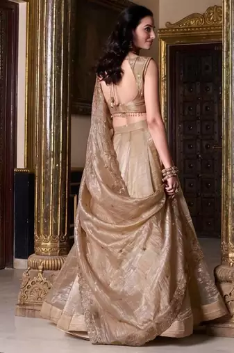 Cream Gold Crush Silk Zari Sequnce Embroidery Work Lehenga Choli For women's