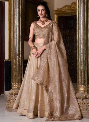 Cream Gold Crush silk blend Zari Sequnce Embroidery Work Lehenga Choli For women's 3