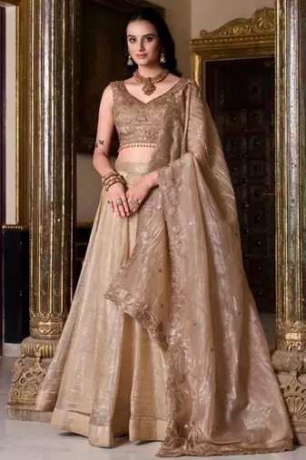 Cream Gold Crush Silk Zari Sequnce Embroidery Work Lehenga Choli For women's
