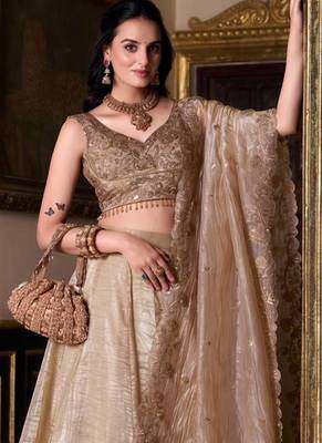 Cream Gold Crush silk blend Zari Sequnce Embroidery Work Lehenga Choli For women's 4