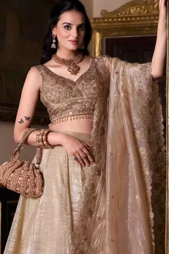 Cream Gold Crush Silk Zari Sequnce Embroidery Work Lehenga Choli For women's