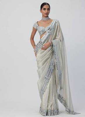 White color mirror work soft satin organza silk saree 1