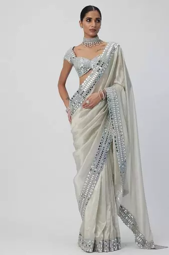 White color mirror work soft satin organza silk saree