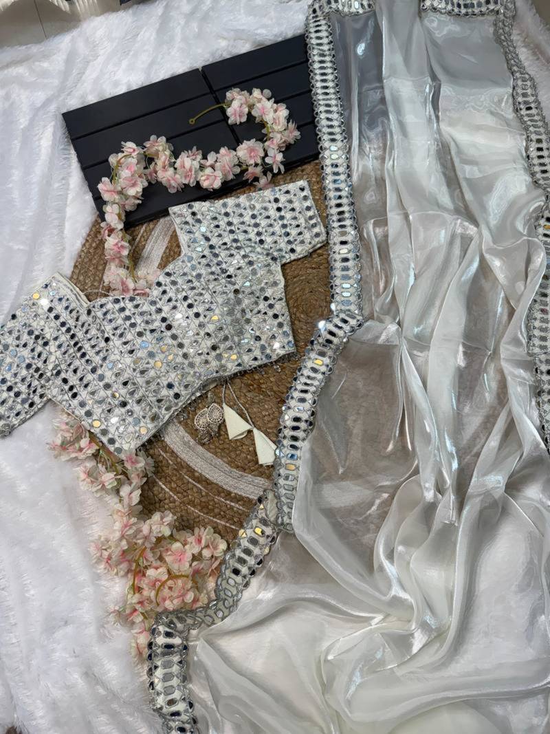 White color mirror work soft satin organza silk saree