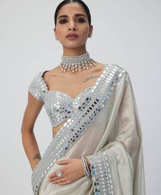 White color mirror work soft satin organza silk saree 3