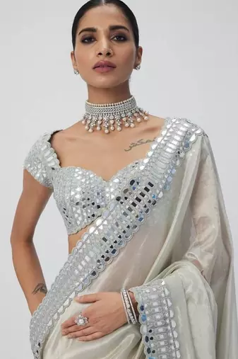 White color mirror work soft satin organza silk saree