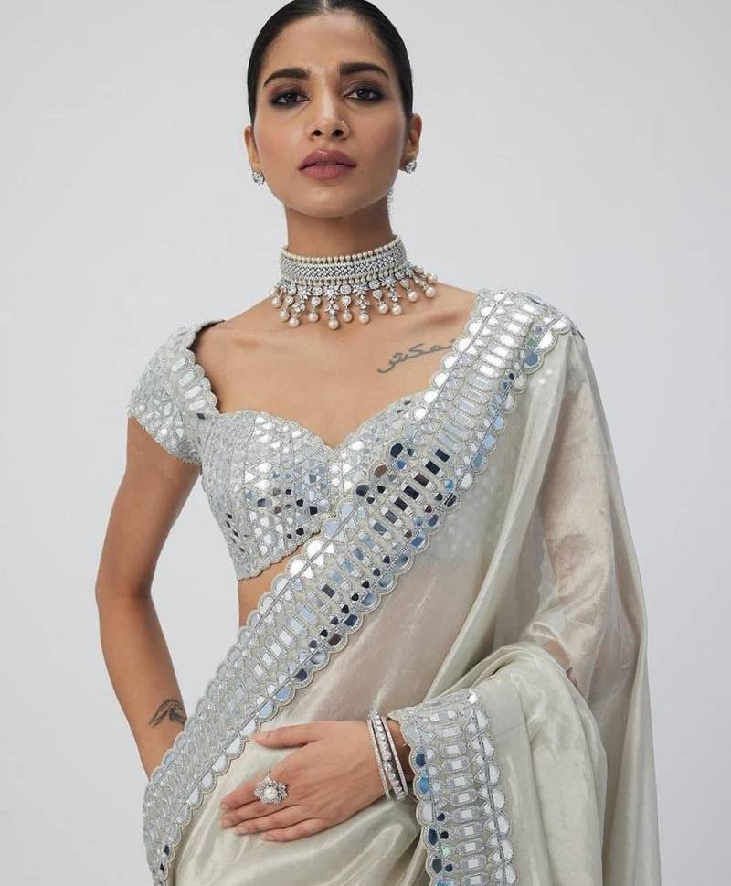 White color mirror work soft satin organza silk saree