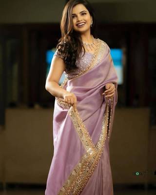 Lavender color embroidered tissue silk blend saree 2