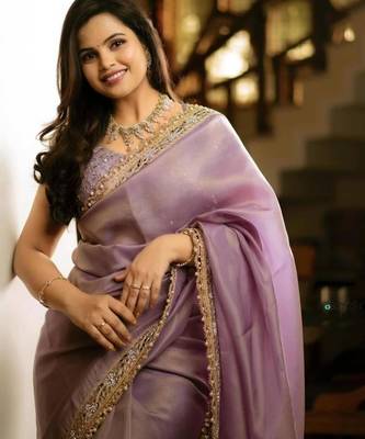 Lavender color embroidered tissue silk blend saree 4