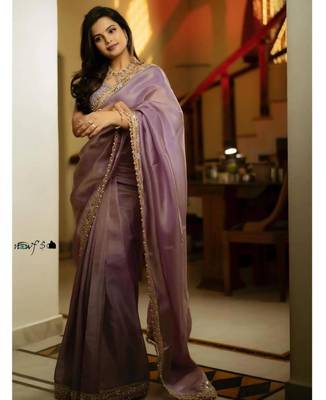 Lavender color embroidered tissue silk blend saree 5