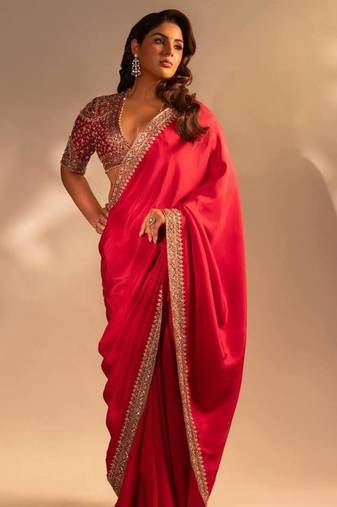 Red color sequence embroidery work silk blend saree