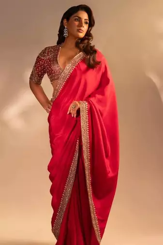 Red color sequence embroidery work silk blend saree