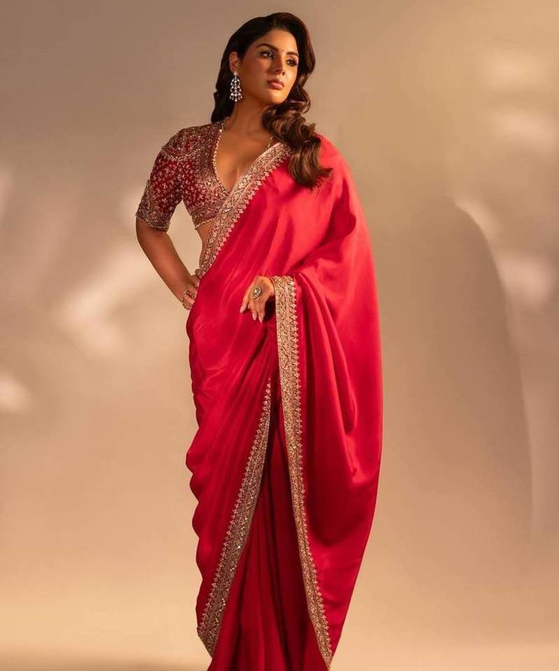 Red color sequence embroidery work silk blend saree