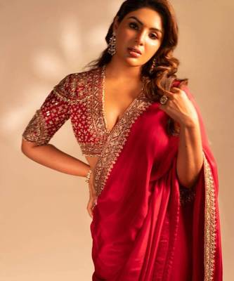 Red color sequence embroidery work silk blend saree 2