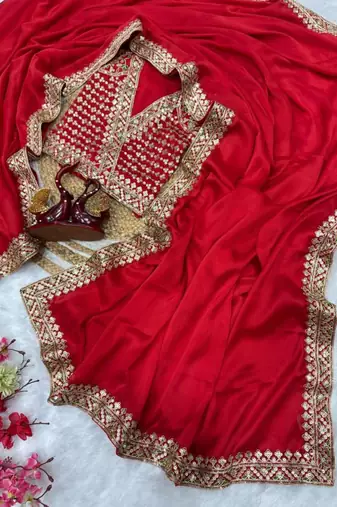 Red color sequence embroidery work silk blend saree