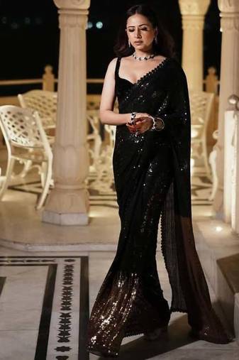 Black georgette sequin worked saree with blouse