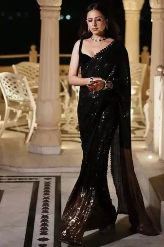 Black georgette sequin worked saree with blouse