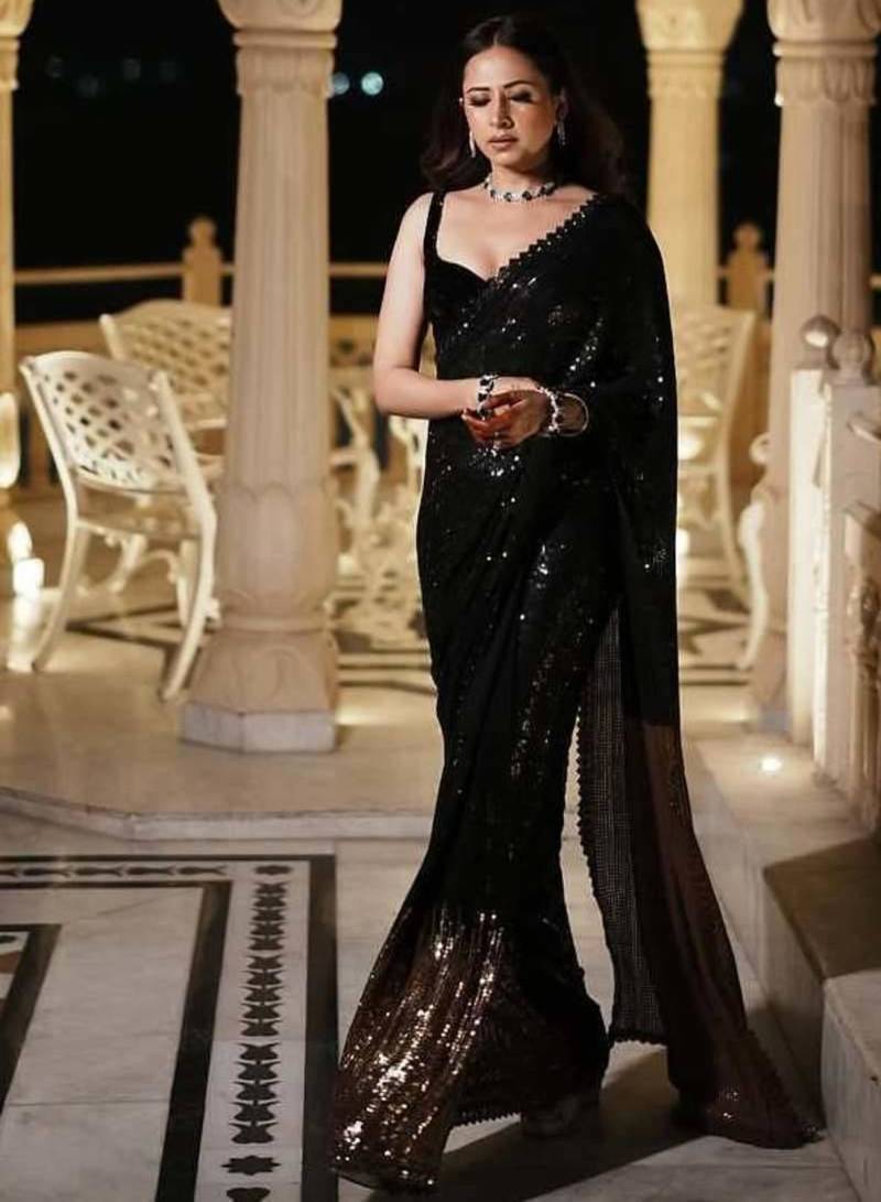 Black georgette sequin worked saree with blouse