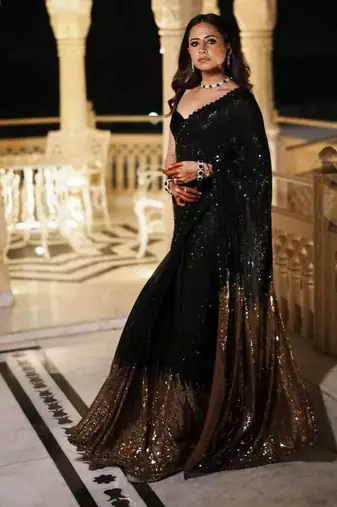 Black georgette sequin worked saree with blouse