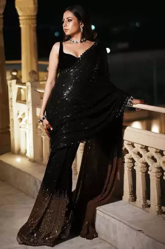 Black georgette sequin worked saree with blouse