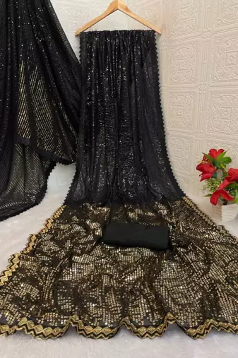 Black georgette sequin worked saree with blouse