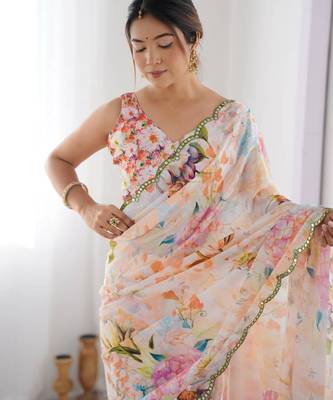Multicolor chinonprint with mirror work designer saree with blouse 2