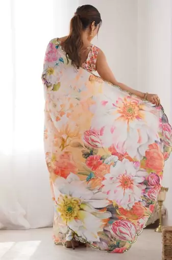 Multicolor chinonprint with mirror work designer saree with blouse