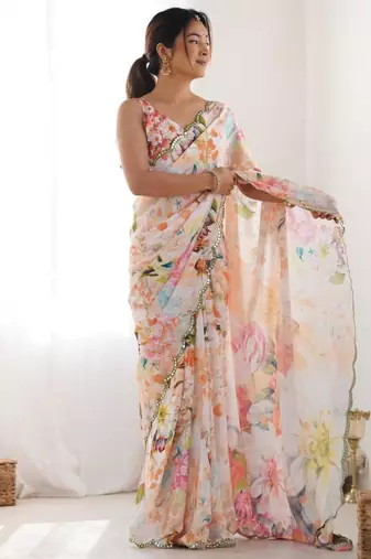 Multicolor chinonprint with mirror work designer saree with blouse