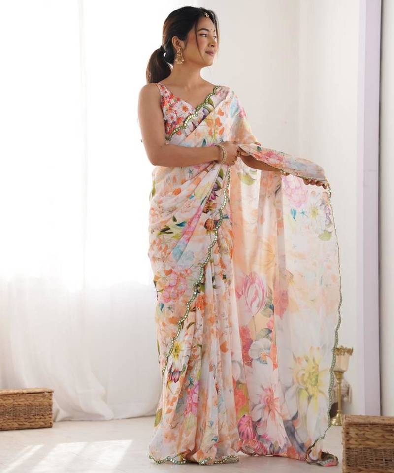 Multicolor chinonprint with mirror work designer saree with blouse