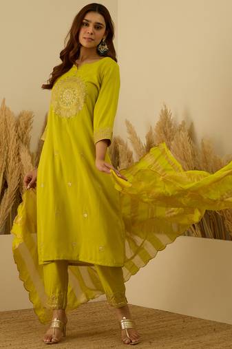 Lime-green women kurta pant dupatta set