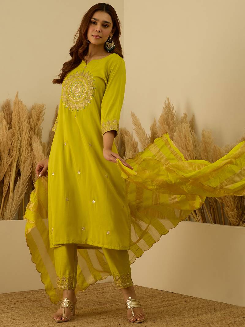 Lime-green women kurta pant dupatta set