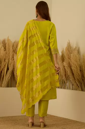 Lime-green women kurta pant dupatta set