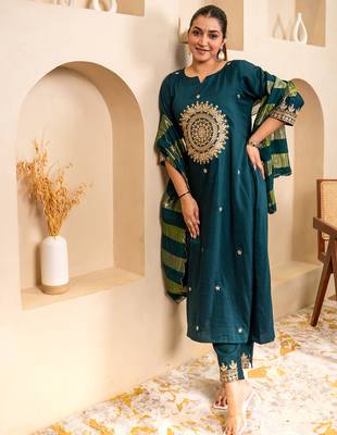 Teal women kurta pant dupatta set 1