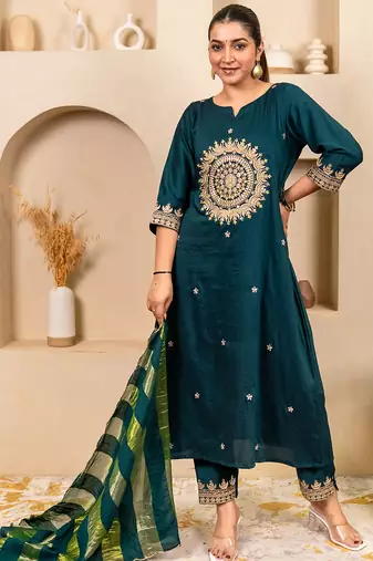 Teal women kurta pant dupatta set