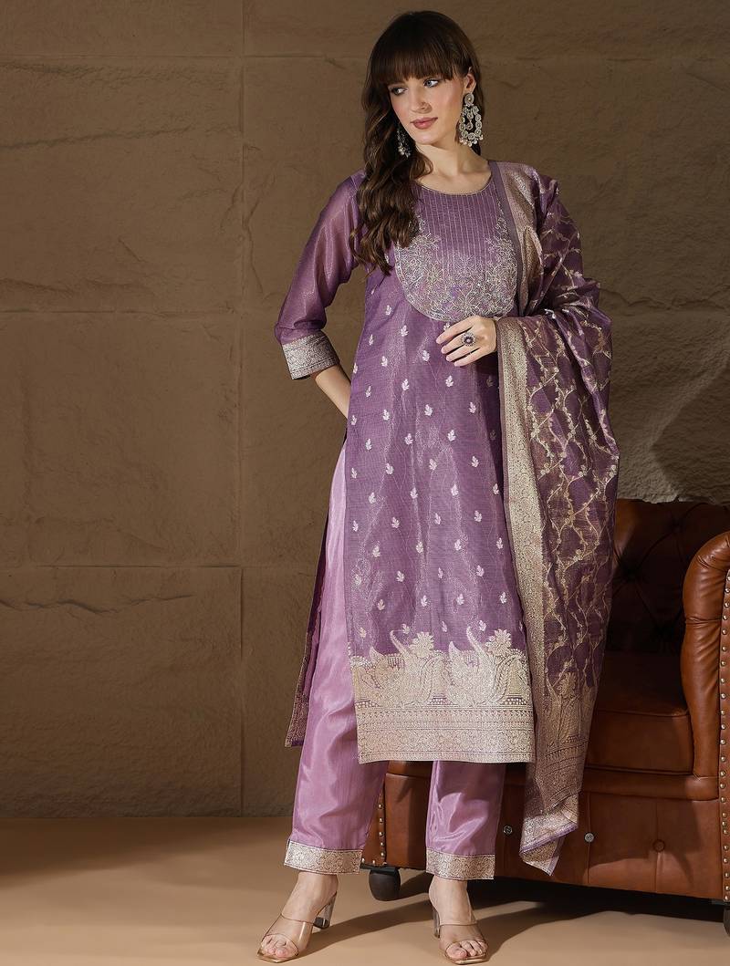 Purple women kurta pant dupatta set