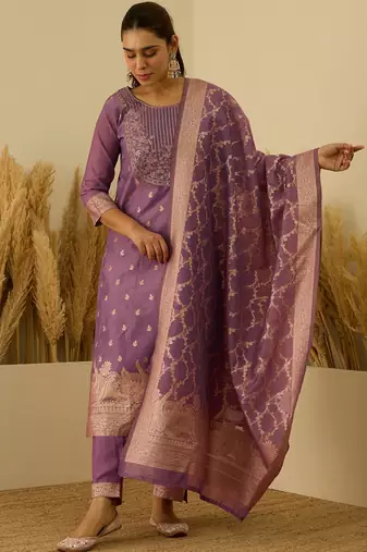 Purple women kurta pant dupatta set