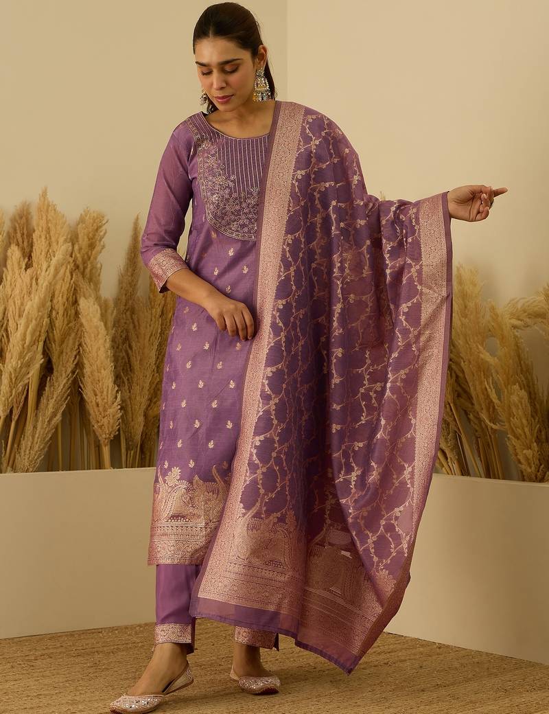 Purple women kurta pant dupatta set