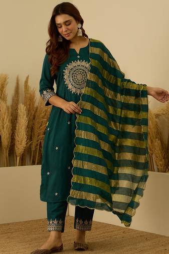 Teal-blue women kurta pant dupatta set