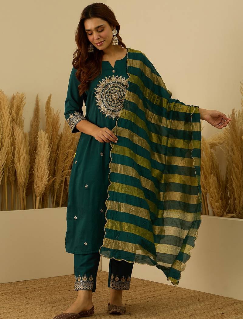 Teal-blue women kurta pant dupatta set