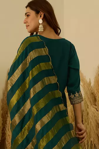 Teal-blue women kurta pant dupatta set