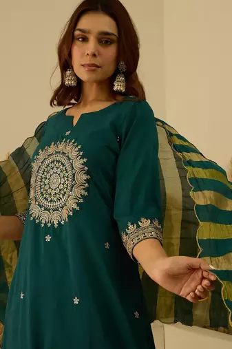 Teal-blue women kurta pant dupatta set