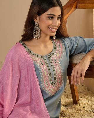 Sky-blue women kurta pant dupatta set 3