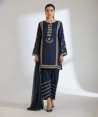 Blue embroidered satin kurta set 1
