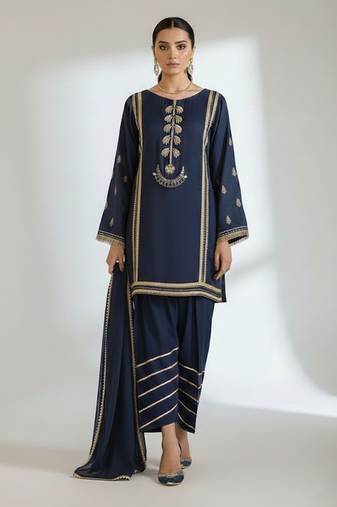 Blue embroidered satin kurta set