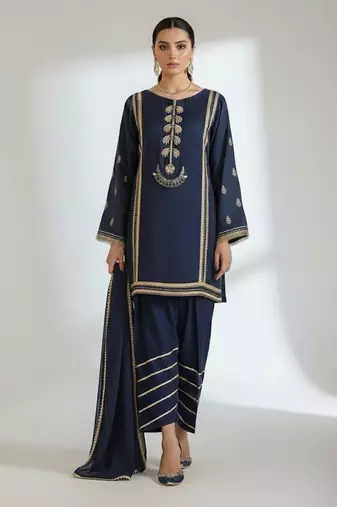 Blue embroidered satin kurta set