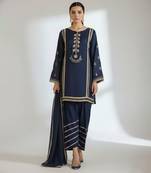 Blue embroidered satin kurta set