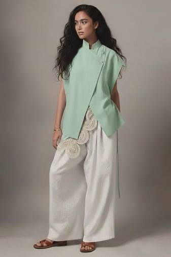 Green embroidered raw silk co ord set