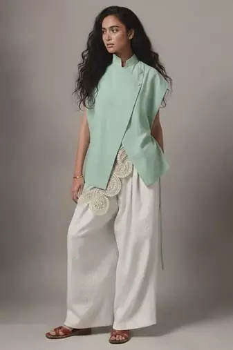 Green embroidered raw silk co ord set